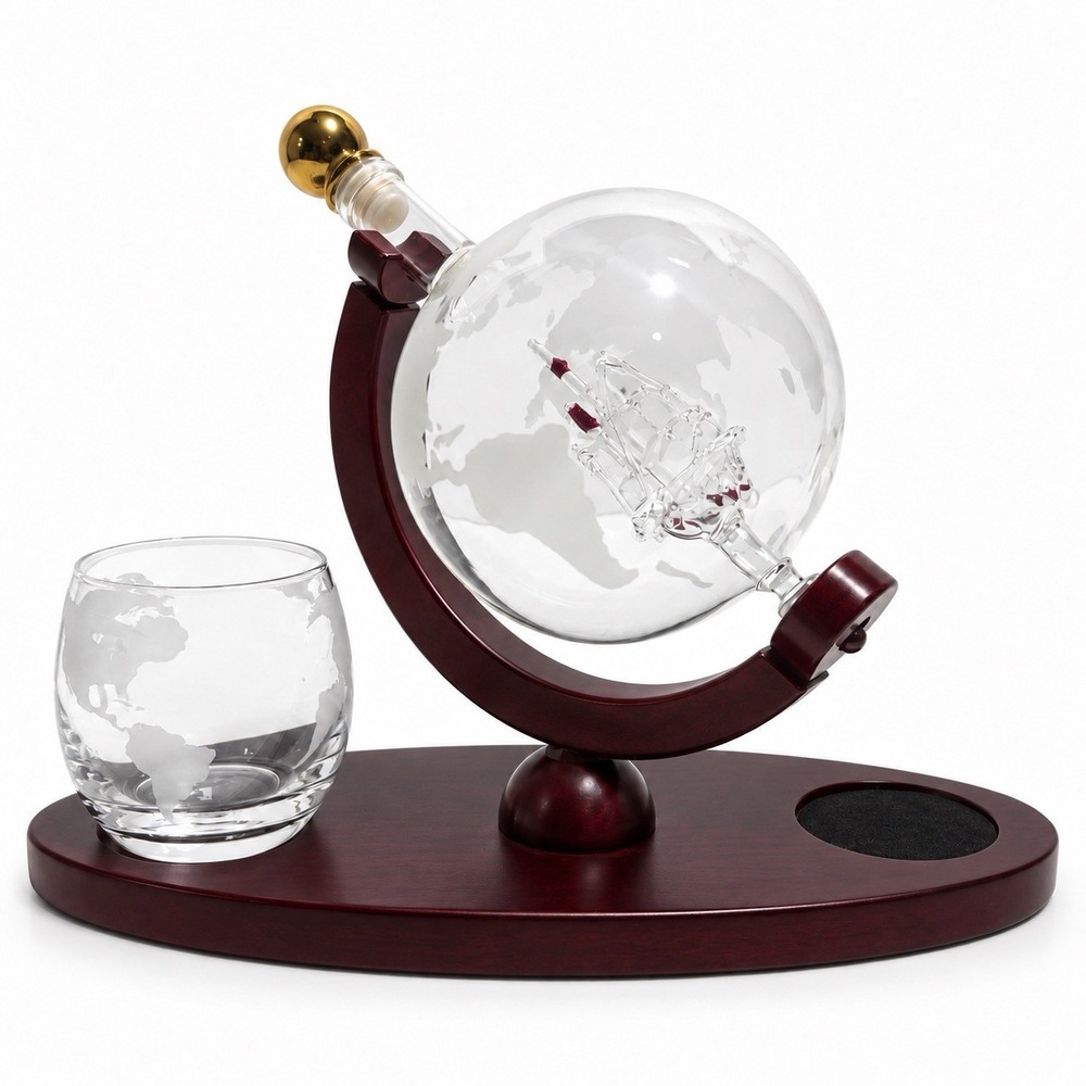 Shannon by Godinger Globe Whiskey Decanter Ship Wood Stand 1 Glass